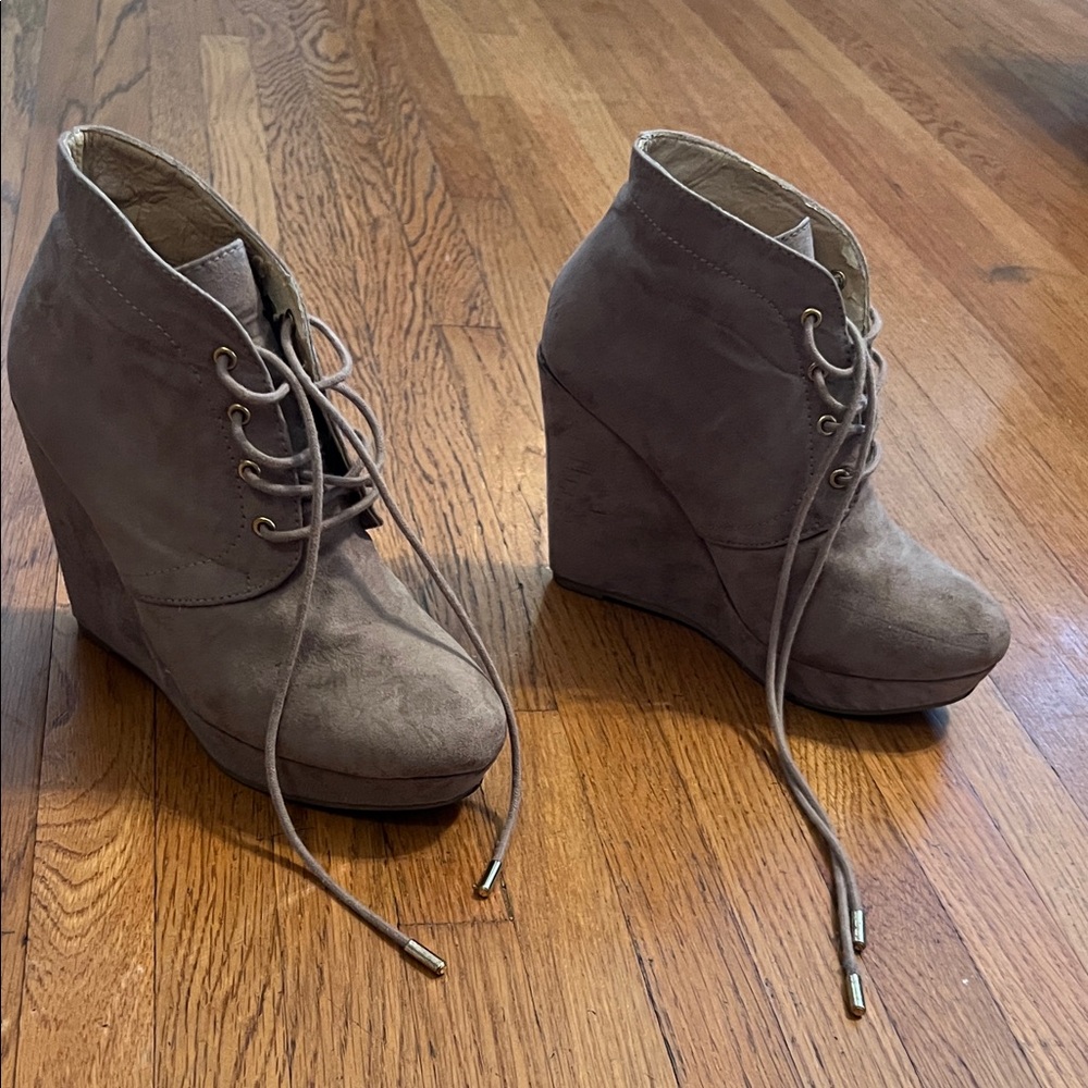 Forever 21 Taupe Lace-Up Wedge Boots